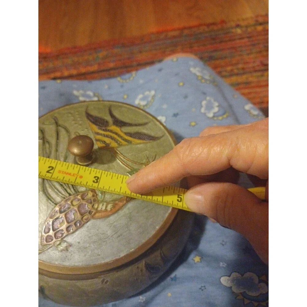 Vintage Under Sea Life Cloisonne Brass Enamel Trinket Powder Box,